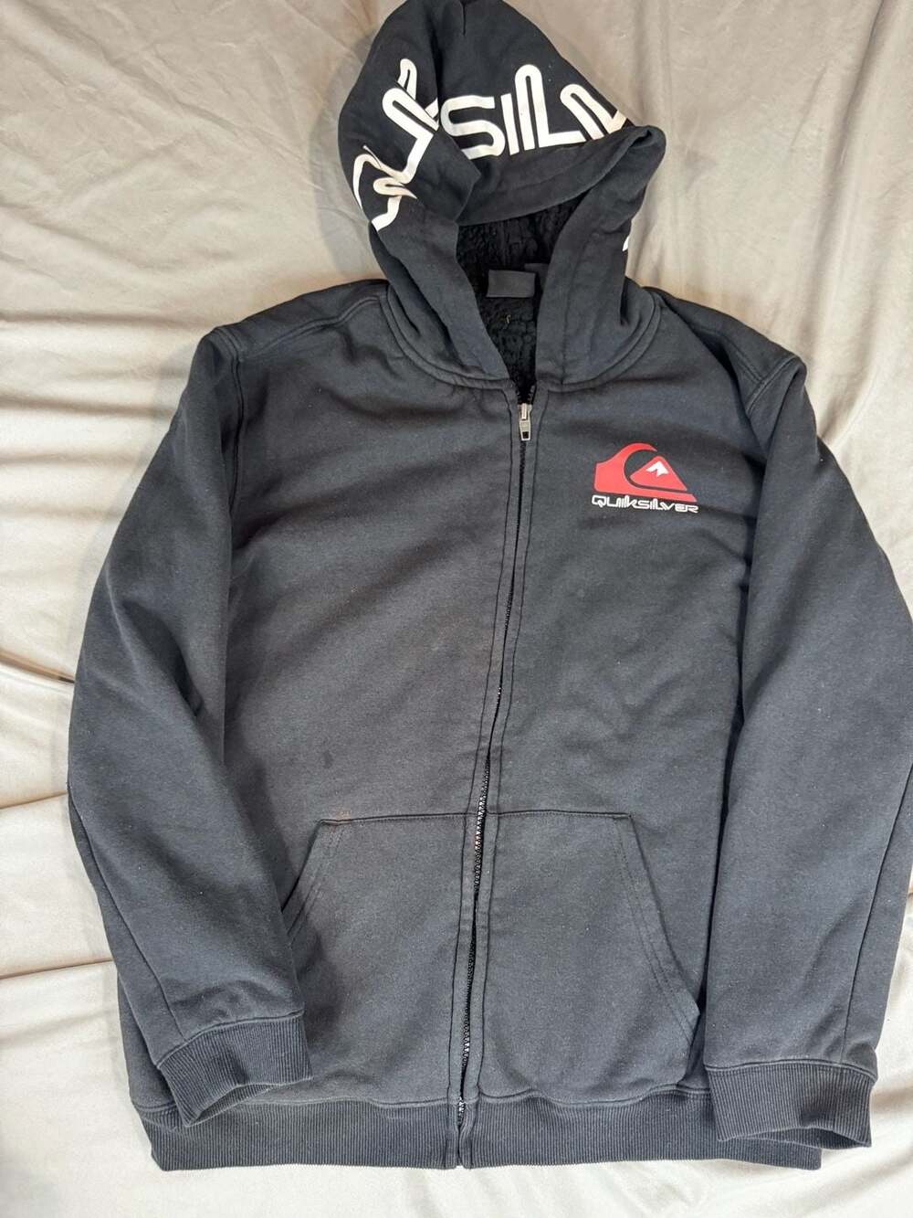 Quiksilver Fleece Lined Zip Up Hoodie Size L Black Sherpa Lined Hoodie Jacket